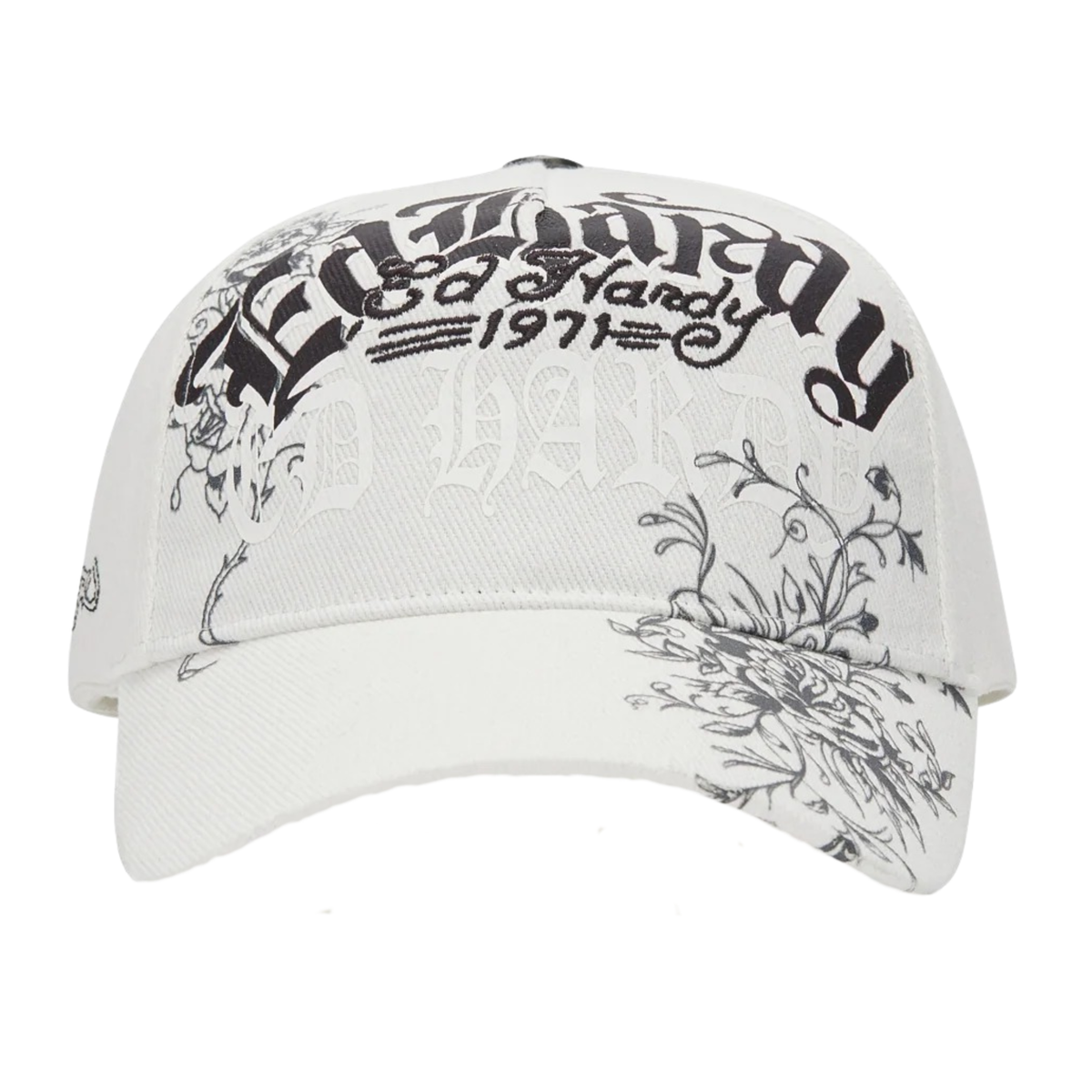 Ed Hardy Distressed Floral Gothic 5 Panel Cream Trucker Cap - OnSize