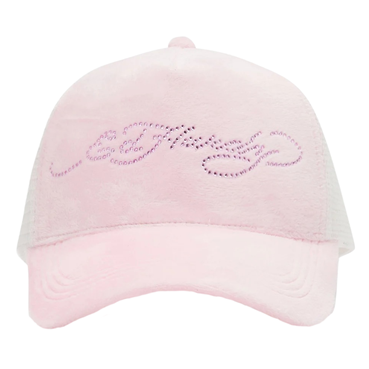 Ed Hardy Diamante Velour 5 Panel Baby Pink Trucker Cap - OnSize