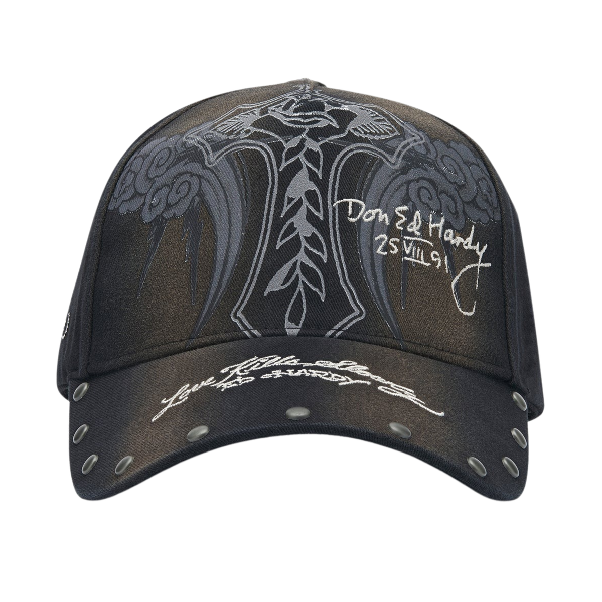 Ed Hardy Storming Rose Washed 5 Panel Black Trucker Cap - OnSize