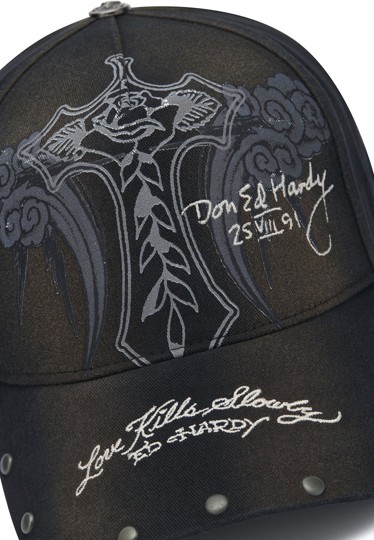 Ed Hardy Storming Rose Washed 5 Panel Black Trucker Cap - OnSize