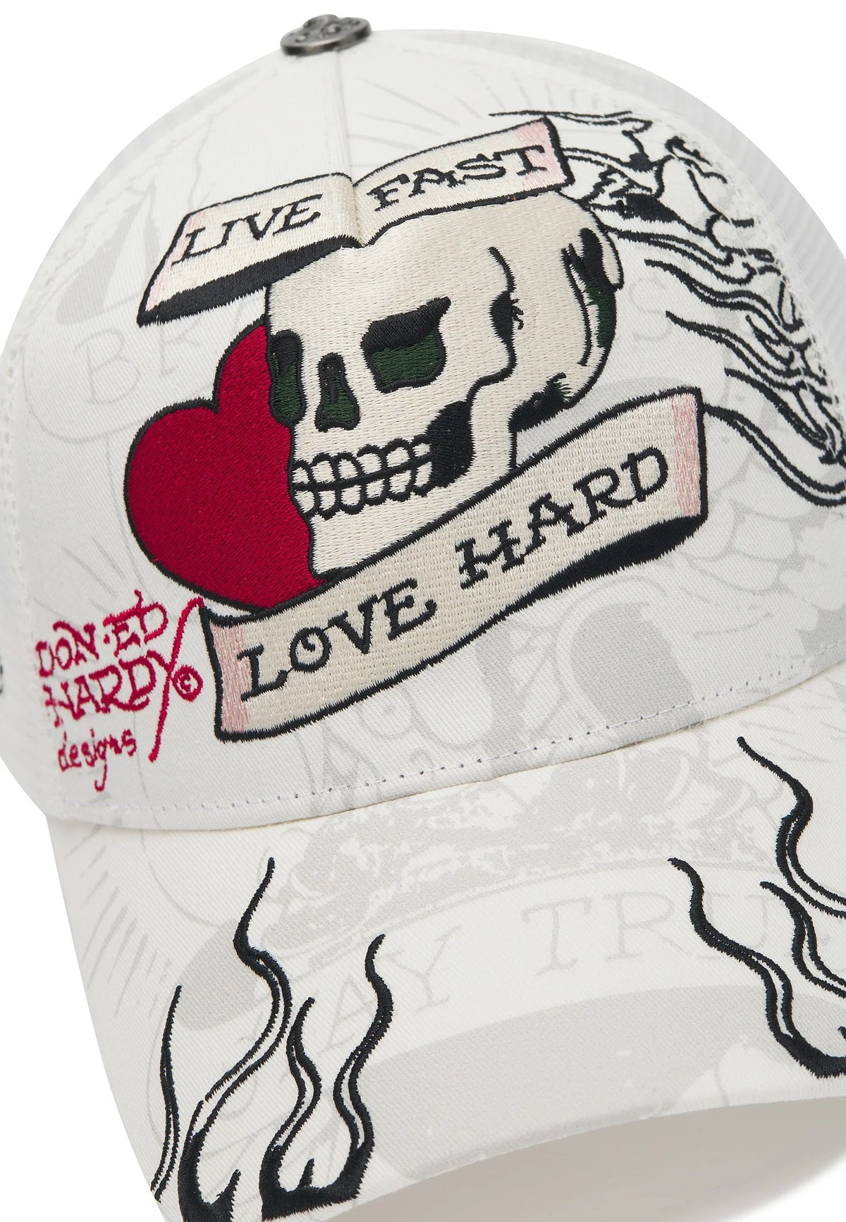 Ed Hardy Live Fast Love Hard 5 Panel White Trucker Cap - OnSize