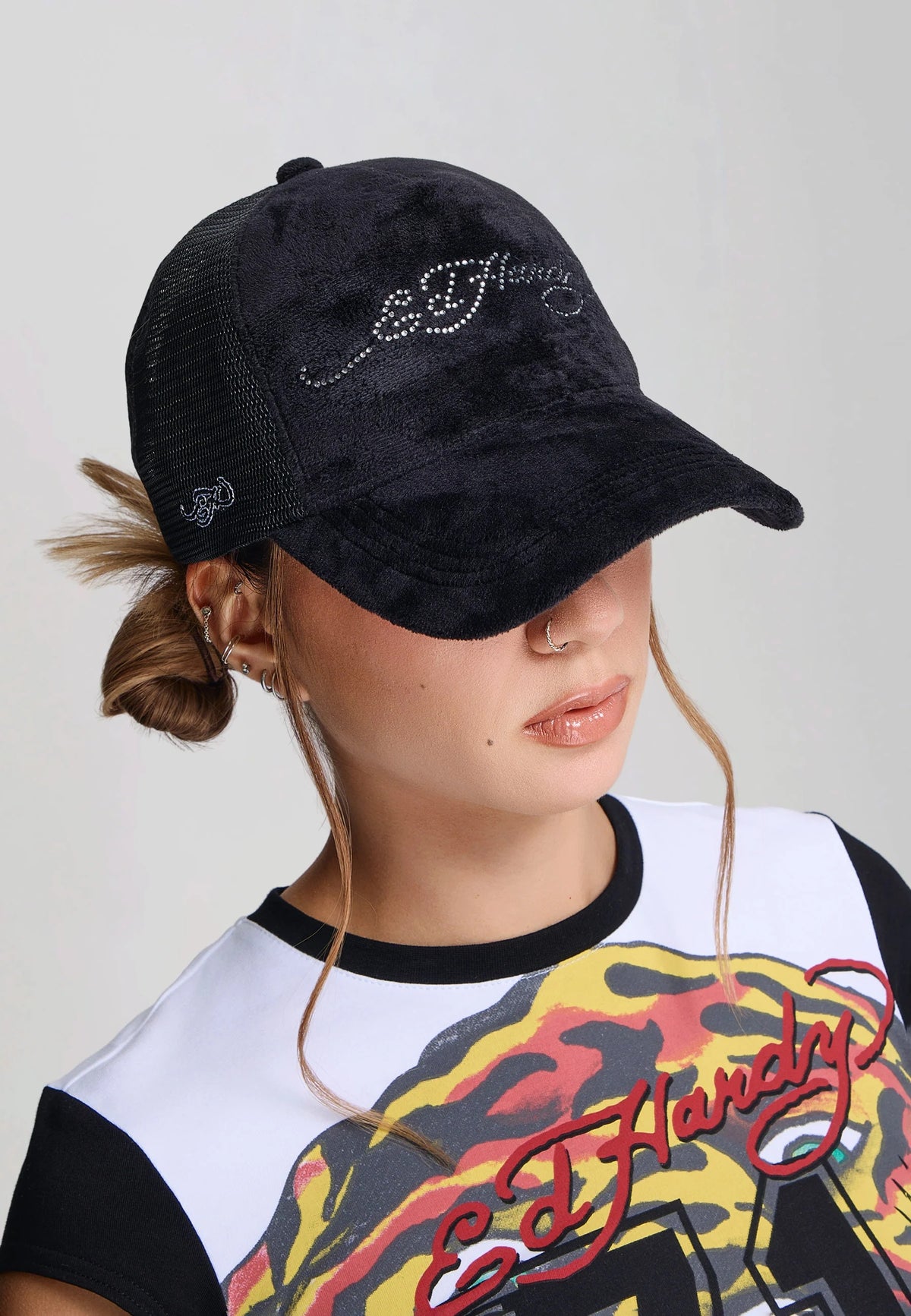 Ed Hardy Diamante Velour 5 Panel Black Trucker Cap - OnSize